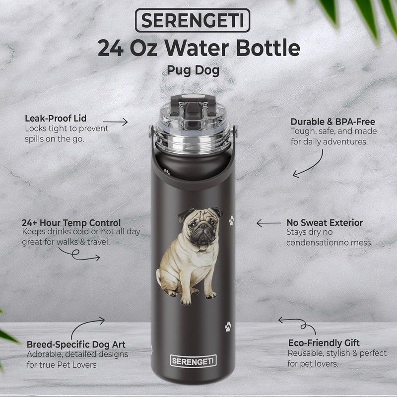 ES Pets SERENGETI 24 Oz Water Bottle Stainless Steel with Spill Proof Lid - Double walled Vacuum Insulated water flask - Realistic 3D Print of your favorite dog (Pug) - Image 2